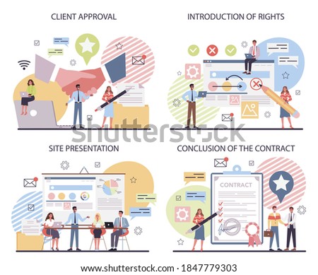 Project management concept set. Conclusion of the contract,, introduction of rights, site presentation, client approval. Marketing analysis and development. Vector illustration in cartoon style