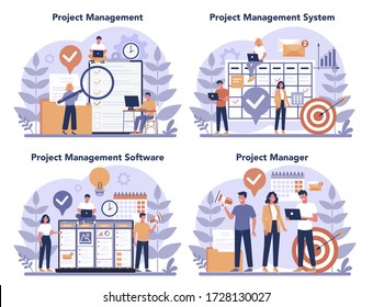 Project management concept set. Successful strategy, motivation and leadership. Marketing analysis and development. Vector illustration in cartoon style