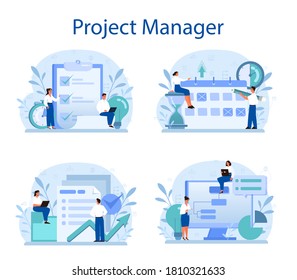 Conjunto de conceptos de gestión de proyectos. Estrategia, motivación y liderazgo exitosos. Análisis y desarrollo de marketing. Ilustración vectorial en estilo de caricatura