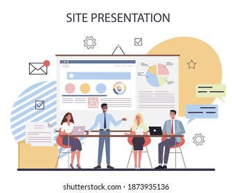 Project management concept. Site presentation. Marketing analysis and development. Vector illustration in cartoon style