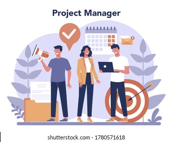 Project management concept. Successful strategy, motivation and leadership. Marketing analysis and development. Vector illustration in cartoon style
