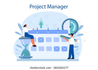 Project management concept. Successful strategy, motivation and leadership. Marketing analysis and development. Vector illustration in cartoon style