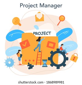 Projektmanagement-Konzept. Erfolgreiche Strategie, Motivation und Führung. Marketing-Analyse und Entwicklung. Vektorgrafik im Cartographie-Stil