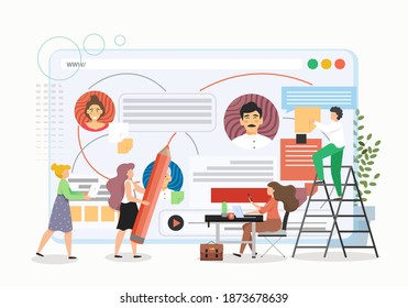 Ilustración vectorial del concepto de gestión de proyectos. Equipo de trabajo que trabaja junto con el panel de datos del proyecto en la oficina