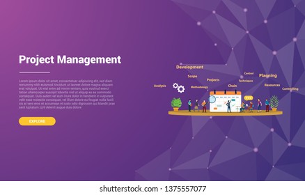 project management concept for website template landing homepage banner with modern purple violet background - vector illustration