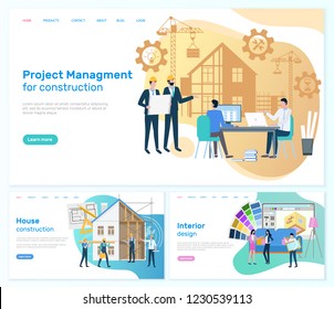 Project Management Construction, Interior Design Vector. People Working On Building Process, Workers Wearing Helmets Looking At House With Cranes