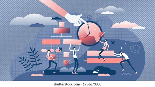 Project management control vector illustration flat tiny person concept. Business work process strategy with deadline time pressure, questions and monitoring progress. Employees teamwork visualization