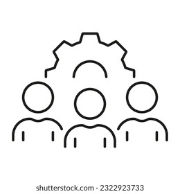 Project Management, Cooperation, Teamwork Line Icon. Employee Team with Gear Linear Pictogram. Group Of People with Cog Wheel. Workforce Outline Symbol. Editable Stroke. Isolated Vector Illustration