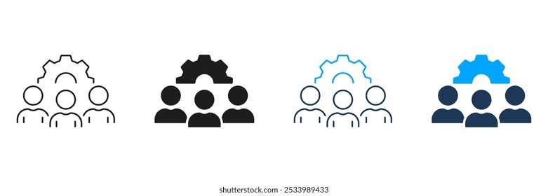 Project Management, Cooperation, Teamwork Line and Silhouette Icon Set. Employee Team with Gear Pictogram. Workforce Symbol. Editable Stroke. Isolated Vector Illustration.