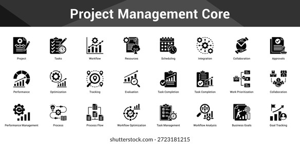 Núcleo de gerenciamento de projetos Conjunto coeso de ícones vetoriais minimalistas que representam ideias-chave com clareza visual