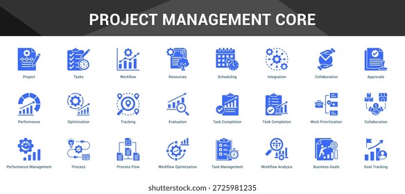 Projektmanagement Kern Zusammenhängende minimalistische Vektorsymbole, die wichtige Ideen mit visueller Klarheit darstellen