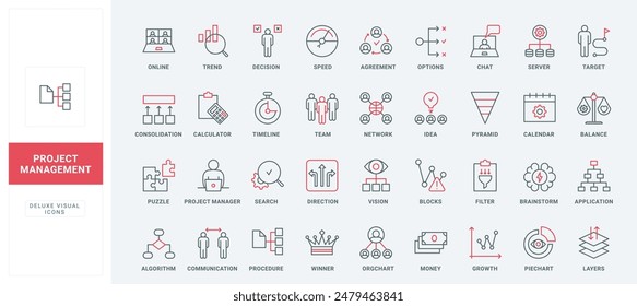 Project management, corporate company organization for progress growth line icons set. Success balance of decisions and ideas, team building thin black and red outline symbols vector illustration