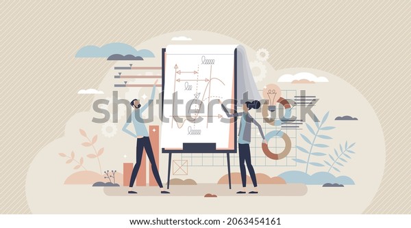Project management courses and company data
presentation tiny person concept. Efficiency and financial growth
information reflection in flipchart scheme with company forecast
vector illustration.