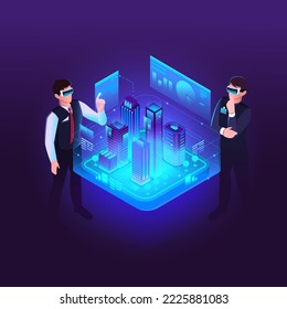 Project management in cyberspace technology. Isometric development architectural plan. Web banner or landing page. Scheme town, city with engineers. Construction company business. Vector illustration