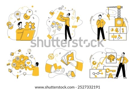 Project management. Depicts team members collaborating on tasks, organizing schedules, constructing projects, brainstorming, and analyzing data. Ideal for teamwork, planning, construction