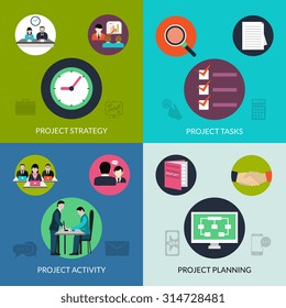 Project management design concept set with activity planning icons isolated vector illustration
