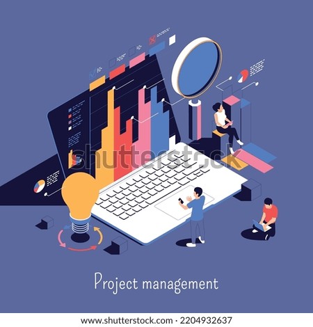 Project management design concept symbolizing analysis and solving of problems isometric vector illustration