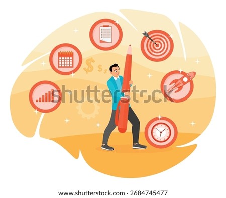 Project management or development concept. Businessman  holding a pencil with project management elements managing resources to achieve goals.
