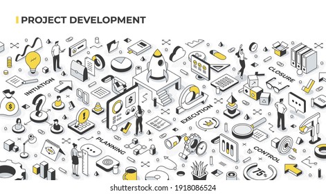 Project management and development concept. People launch startups, set goals, organize and coordinate resources, accomplish objectives. Agile management and business success. Isometric illustration