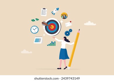 Project management or development plan, strategy or process to develop product, schedule or manage resource to achieve goal concept, businesswoman holding pencil with project management elements.