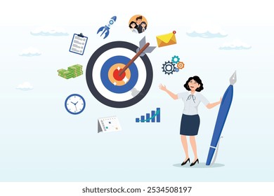 Project management or development plan, strategy or process to develop product, schedule or manage resource to achieve goal concept, businesswoman holding pencil with project management elements