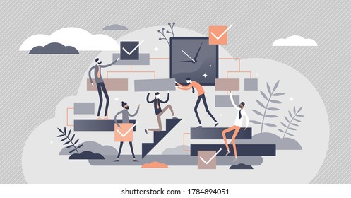 Project management development plan and time pressure flat tiny persons concept. Process strategy with staff control and teamwork vector illustration. Progress analysis and goal deadline monitoring.