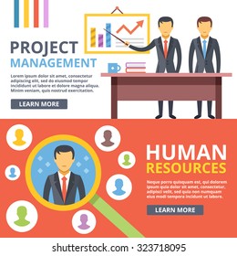 Project management, digital marketing, human resources flat illustration set. Modern flat design concepts for web banners, web sites, printed materials, infographics. Creative vector illustration