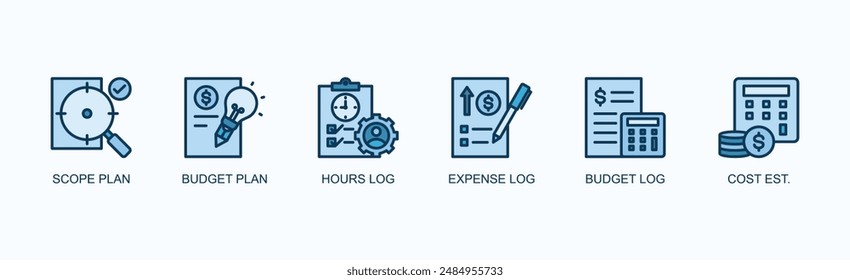 Project Management Documents Banner Web Icon Vector Illustration Concept With Scope Plan, Budget Plan, Hours Log, Expense Log, Budget Log, Cost Est.