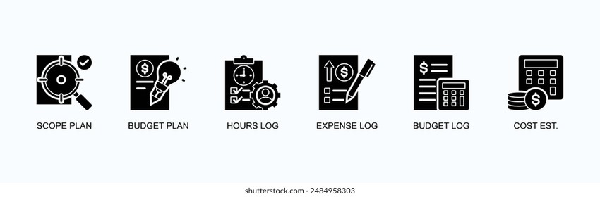 Project Management Documents Banner Web Icon Vector Illustration Concept With Scope Plan, Budget Plan, Hours Log, Expense Log, Budget Log, Cost Est.