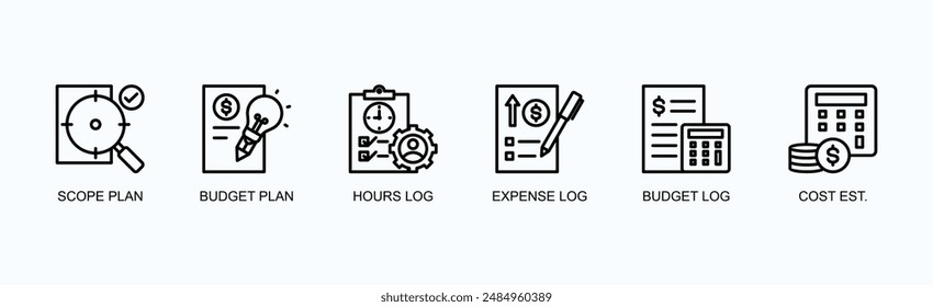 Project Management Documents Banner Web Icon Vector Illustration Concept With Scope Plan, Budget Plan, Hours Log, Expense Log, Budget Log, Cost Est.