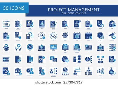 Project Management dual tone icons set, contain data analysis, graph, finance, network, schedule, idea and more. use for modern concept, print, UI or UX kit, web and app. vector EPS 10 for business.