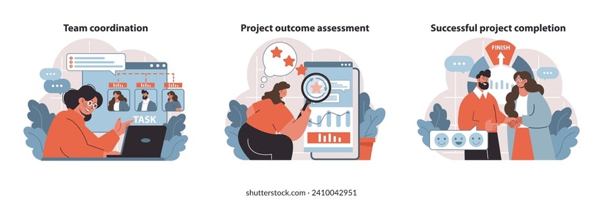 Project Management dynamics. Coordinating teams, assessing outcomes, celebrating achievements. Visualizing the lifecycle of project success. Flat vector illustration.