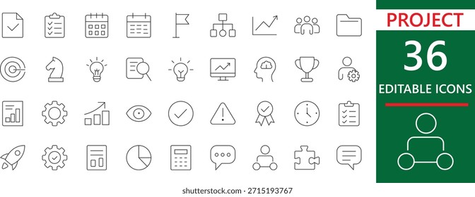 Conjunto de iconos de línea editable de Project Management . Glifo de colaboración ágil, de decisión, de planificación, de recursos, de soluciones y de Equipo