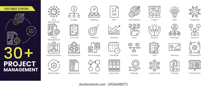 Project management Editable Stroke icon collection. Time management and planning concept. Editable Outline icon set.