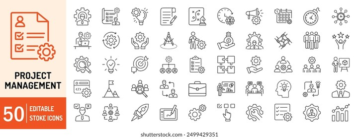 Project Management editable stroke outline web icons set. Project, management, business, plan, strategy, development, process, list and manage. Vector illustration