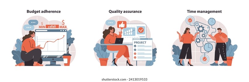 Project Management essentials. Mastering budget control, quality oversight, and efficient time allocation. Core skills for leadership visualized. Flat vector illustration.