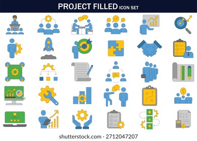 Project management filled icon set featuring teamwork, planning, strategy, workflow, analytics, goals, communication, and productivity symbols. Ideal for business, corporate, and digital projects.