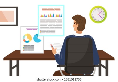 Concepto de gestión de proyectos e informes financieros. El economista analiza el documento de presentación. Equipo de consultoría, planificación de negocios. El hombre explica gráficos y gráficos estadísticos, análisis de proyectos