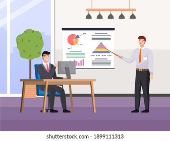 Concepto de gestión de proyectos e informes financieros. El jefe recibe una presentación del director. Equipo de consultoría, planificación de análisis de negocios. El hombre explica gráficos y gráficos estadísticos, analiza el proyecto