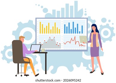 Concepto de gestión de proyectos e informes financieros. Trabajo de equipo de consultoría, planificación de análisis de negocios. El jefe recibe la presentación del director. La mujer explica el proyecto de análisis estadístico gráfico y gráfico