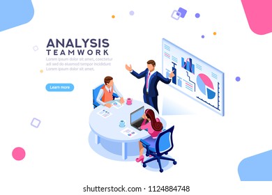 Project management and financial report strategy. Consulting team. Collaboration concept with collaborative people. Isometric business analysis planning. Flat isometric characters vector illustration.