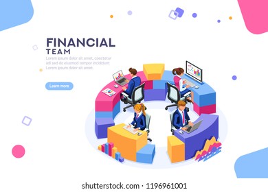 Project management financial report strategy. Consulting team. Collaboration concept with collaborative people. Isometric business analysis planning. Flat isometric characters vector illustration.