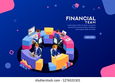 Project management financial report strategy. Consulting team. Collaboration concept with collaborative people. Isometric business analysis planning. Flat isometric characters vector illustration.