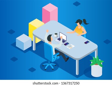 Project management and financial report strategy. Consulting team. Collaboration concept with collaborative people. Isometric business analysis planning. Flat isometric characters vector illustration.