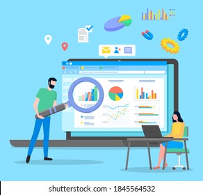 Project management and financial report strategy. Business analysis planning. Woman and man with magnifier analyzes demand on presentation with graphs and charts, choosing way to attract customers