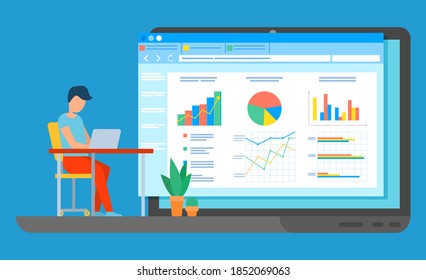 Project management and financial report strategy. Man office worker sitting at a table with laptop near presentation with charts and graphs, doing business analysis and planning, developing a concept