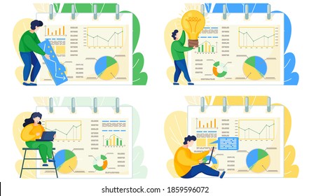 Projektmanagement und Finanzbericht-Strategie. Planung von Unternehmensanalysen. Viele Büroangestellte analysieren Statistiken oder Nachfrage auf Präsentation mit Diagrammen und Diagrammen und wählen die Möglichkeit, Kunden anzuziehen