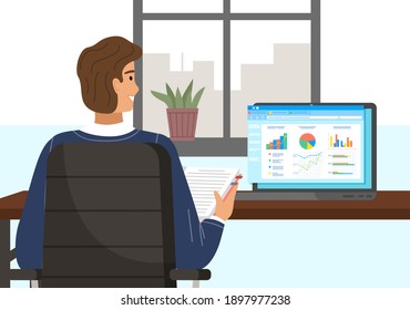 Project management and financial report strategy. Man office worker sitting at a table with laptop near presentation with charts and graphs, doing business analysis and planning, developing a concept