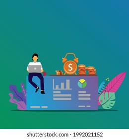 Project management and financial report strategy. Man office worker with laptop sitting at presentation with charts and graphs, doing business analysis and planning, developing a concept. Flat vector.