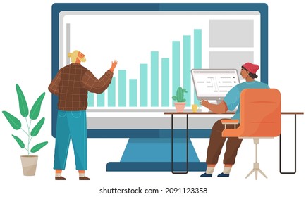 Project management and financial report strategy. Data analysis team. Office workers managers and presentation with graphs charts. Group of people specialist analyst working with laptop and statistics